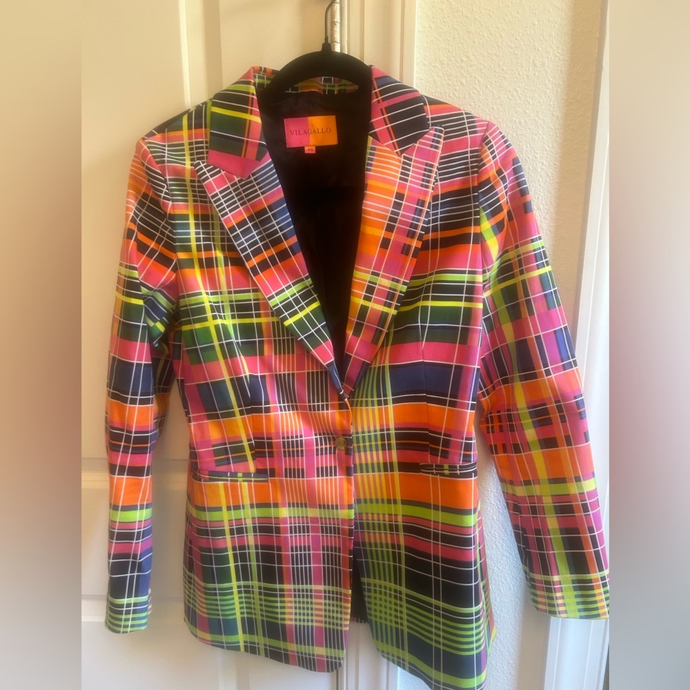 Vilagallo Neon Plaid Blazer in Pink, Orange, Green and Navy